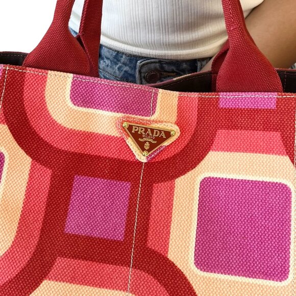 PRADA Vintage Logo Tote Bag Canapa Stampata Canvas Multicolor Red Pink  [105524] - Picture 4 of 15